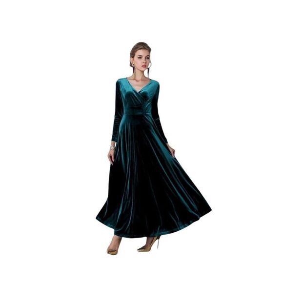 Urban Coco Size M Long Sleeve V-Neck Maxi Dress Emerald Green Velvet Formal NWT - Picture 15 of 15
